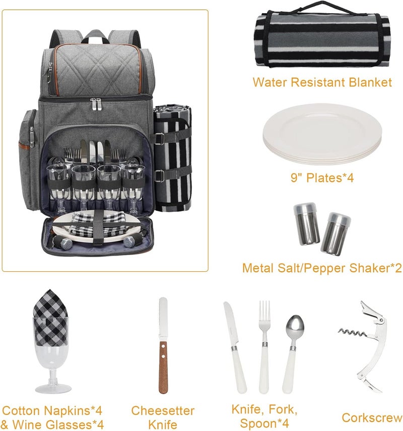 TwentyNext Picnic Backpack for 4, Picnic Basket Set, Leakproof Picnic Bag, Beach Cooler Backpack with Insulated Cooler Wine Pouch,Picnic Blanket, Double Deck Picnic Backpack for Beach,Camping,Park(Grey) - Image 4